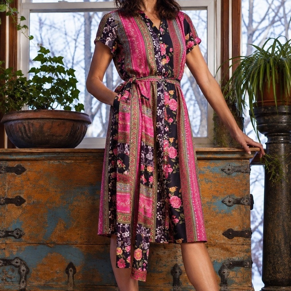 J. Peterman Floral Patchwork Midi Dress Pink Navy Button Front Rayon Pockets 6